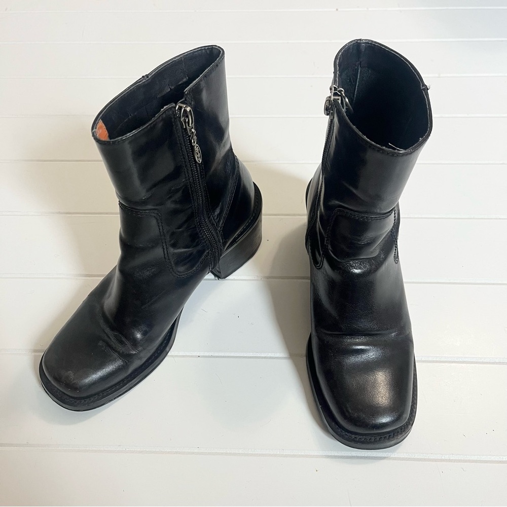 Harley Davidson Block Heel Zip Up Boot Classic Round Toe Leather Biker Vintage